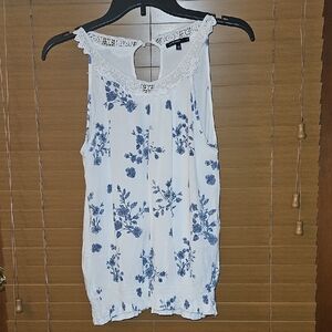 Floral Lace Trim Women's Top - Blue and White